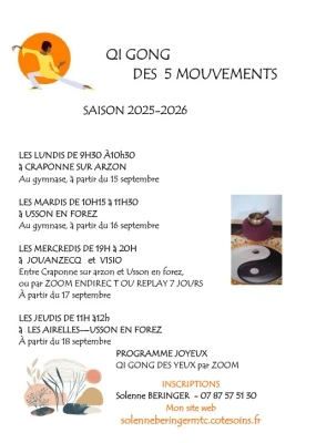 flyer affiche qi gong cours séances et dessin femme posture, yin yang, femme et dragon, bol et mains