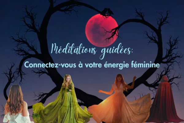 nuit arbre en forme de coeur pleine lune rouge quatre femmes en robe jeune femme mère enchanteresse crone