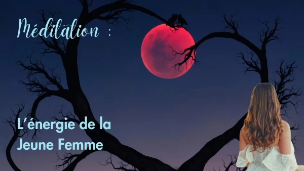 nuit arbre en forme de coeur jeune femme avec cheveux long du dos en robe blanche méditation guidée